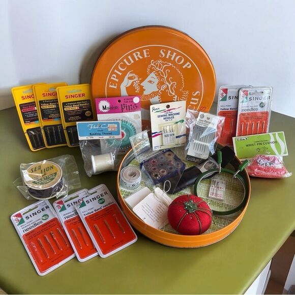 Vintage Other - Vintage Sewing Needles Nurge Bobbins Pin Cushions Scissor Thread Neiman’s Tin